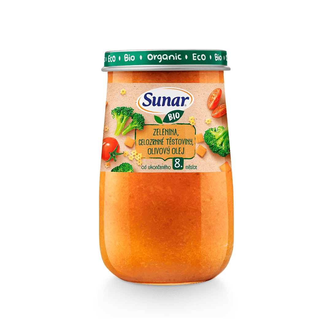 BIO zelenina, celozrnné cestoviny, olivový olej